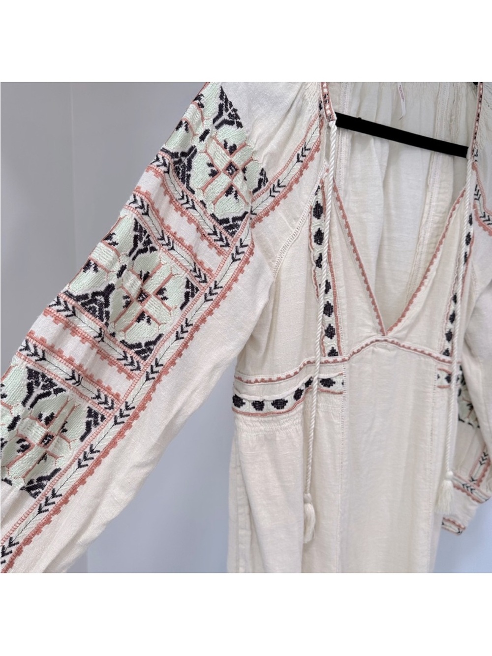 Free People All My Life Embroidered Boho Dress V-Neck Long Sleeve Cream size S - Picture 14 of 16